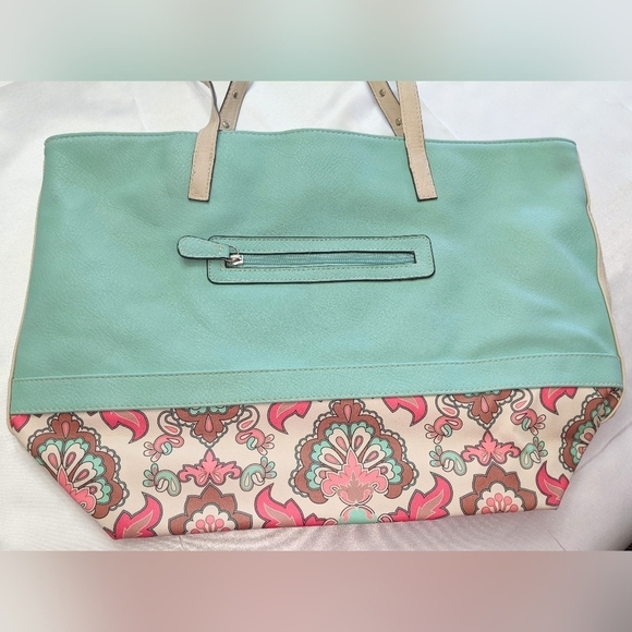 Ellen Tracy Faux Leather Tote Shoulder Bag Purse Turquoise With Floral Trim - Picture 5 of 13